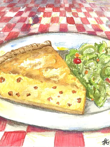 An illustration of a quiche and a salad on a picnic table.
