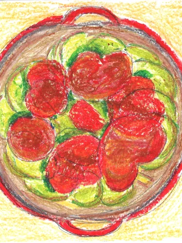 Childlike drawing showing an overhead view of a pot with green and red vegetables.
