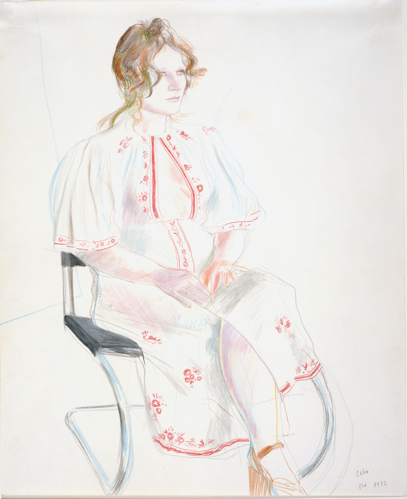 David Hockney, Celia in Red and White Dres