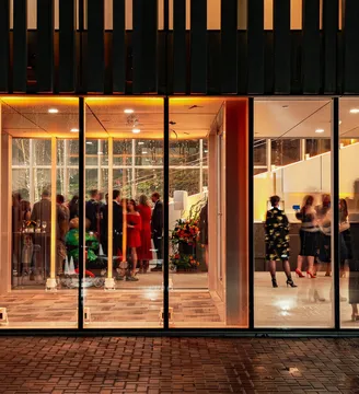 Bruce Museum Exterior entrance at night, photo by Ben Crowther