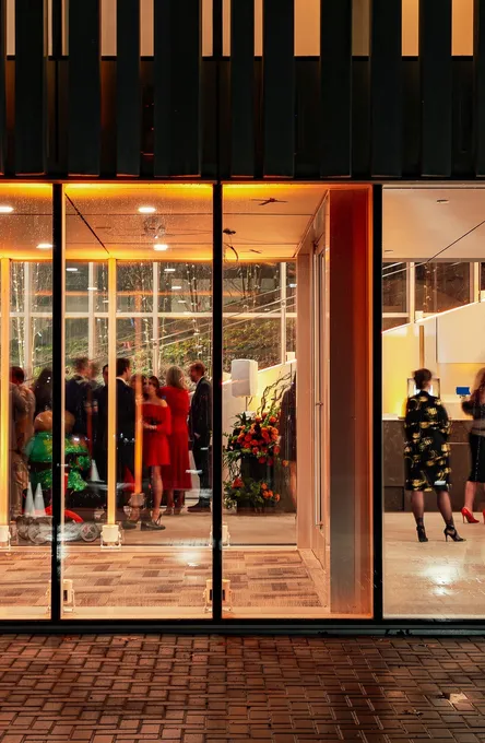 Bruce Museum Exterior entrance at night, photo by Ben Crowther