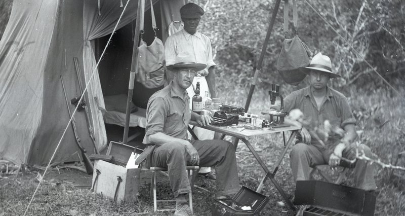 Paul Howes, Dickinson S. Cummings, and porters at camp on Milton Plateau, Dominica in 1929.