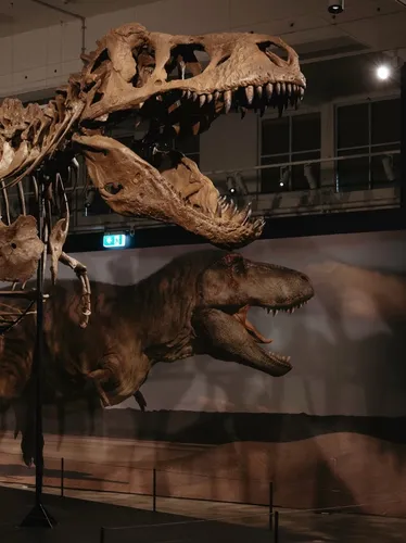 Photo of a Tyrannosaurus Rex skeleton in a museum exhibition, with the skeleton mounted on the floor and an image of a T Rex on the wall behind it.